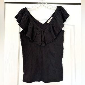 LOFT Black Cara Crinkle Ruffle Top Size S NWT